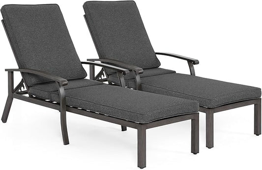 HOMEFUN Chaise Lounge Chair Set of 2, Hand-Finished Wood Grain Cast Aluminum Reclining Loungers with Cushions, 5-Position Adjustable Backrest, Waterproof Seats, Wheels for Patio & Poolside, Grey