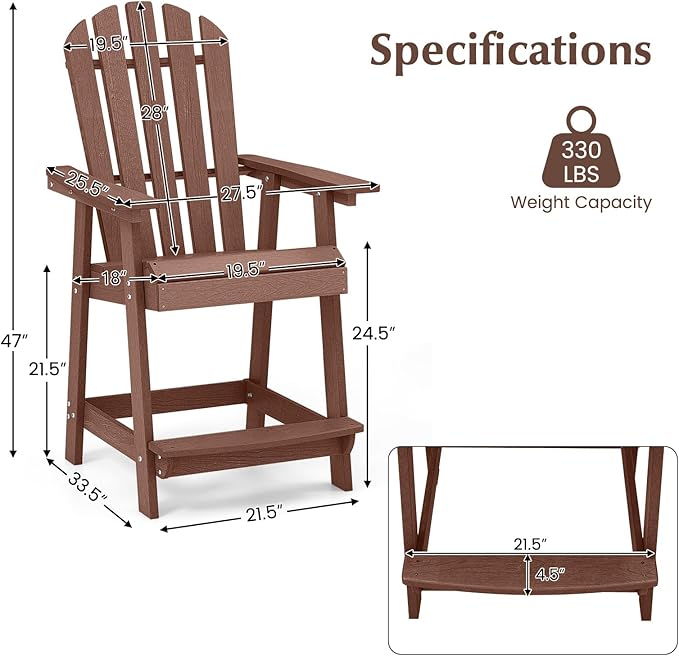 Tangkula Outdoor Bar Stool, HDPE Tall Adirondack Chair with Armrest & Footrest - Photo 3