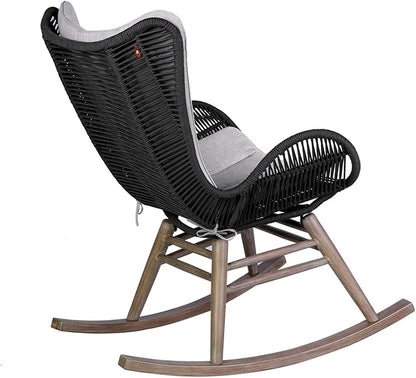 Armen Living Fanny Outdoor Patio Rocking Chair in Light Eucalyptus Wood and Charcoal Rope