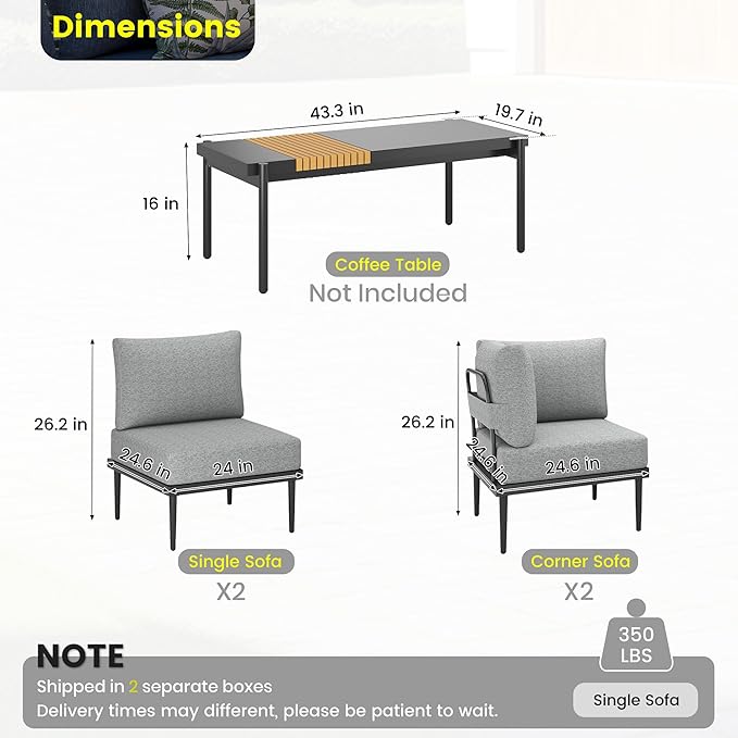 Sundale Outdoor 4 Pieces Patio Furniture Set, Metal Sectional Sofa Patio Conversation Set with 6 Inch Cushions, Modern - Photo 2