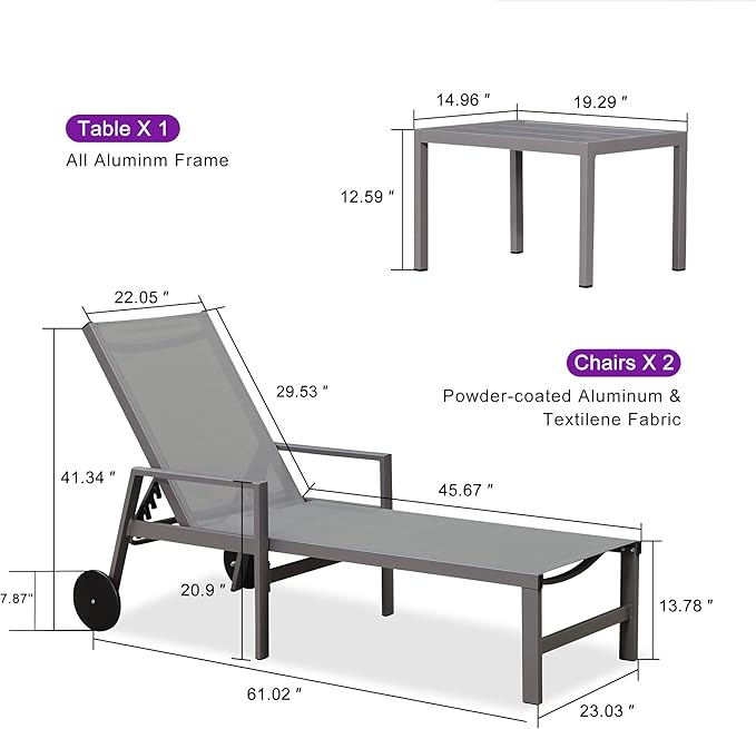 PURPLE LEAF Outdoor Chaise Lounge Set for 2 Aluminum Patio Chaise Lounger Chairs with Armrest and Wheels Adjustable - Photo 3