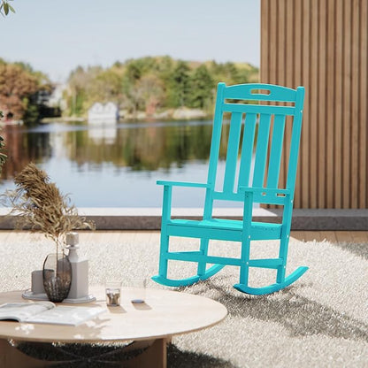 Outdoor Rocking Chair Set of 4, High Back HDPE Patio Chair, All Weather Porch Rocker, Lawn Chair for Deck, Porch, Backyard, Garden, Aruba Blue
