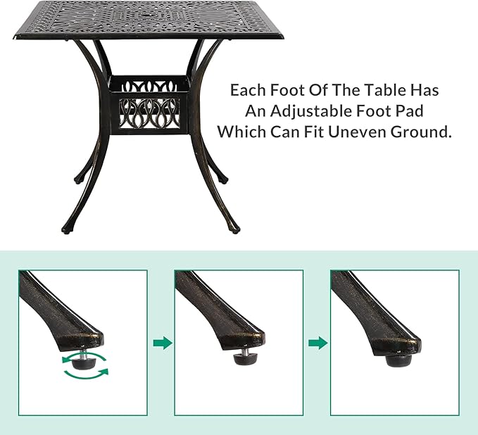 VIVIJASON 35.4" Outdoor Patio Dining Square Table Bronze Cast Aluminum Rustic Large Patio Table with Umbrella Hole