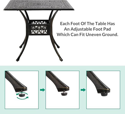 VIVIJASON 35.4" Outdoor Patio Dining Square Table Bronze Cast Aluminum Rustic Large Patio Table with Umbrella Hole