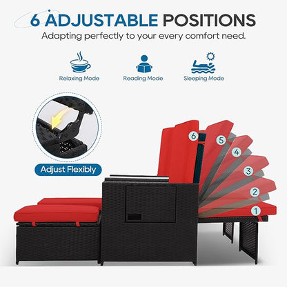5PCS Outdoor Wicker Chaise Lounge Chair - Rattan Adjustable Reclining Patio Lounge Chair with Ottoman and Coffee Table, for Patio Beach Pool Backyard (Black Wicker Red Cushion)