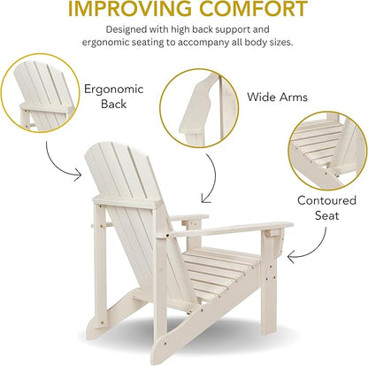 Shine Company Mid-Century Modern Wooden Adirondack Chair, Outdoor Patio Firepit Chairs, Back & Seat Pre-Assembled, Eggshell White