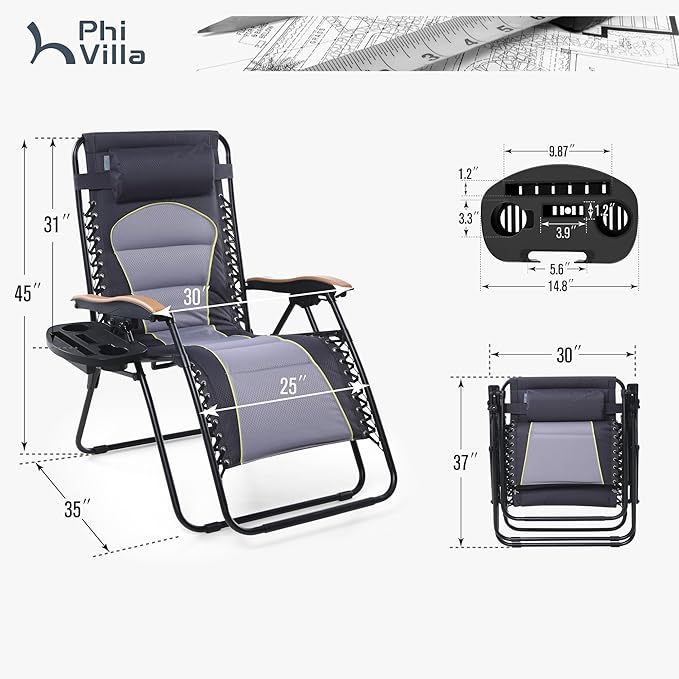 PHI VILLA XXL Oversized Padded Zero Gravity Chair, Foldable Patio Recliner, 30" Wide Seat Anti Gravity Lounger with Cup Holder, Support 400 LBS (Gray Accent)