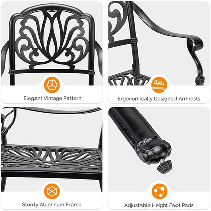 VINGLI Patio Chairs Set of 2 - Stackable Outdoor Cast Aluminum Dining Chairs with Vintage Black Finish and Floral Pattern, Metal Armchairs for Poolside, Backyard, Balcony (No Cushion)