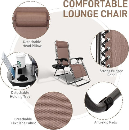 Bonnlo Zero Gravity Chairs Set of 2 Patio Folding Lounge Chairs Outdoor Recliners with Pillow and Cup Holder Adjustable Reclining Lawn Chair for Deck,Patio,Beach,Yard(Brown)