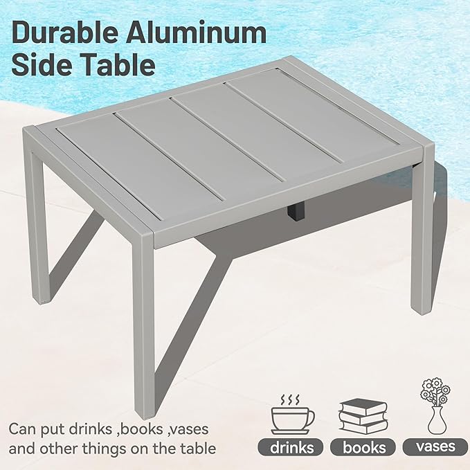 Outdoor Chaise Lounge Set of 3, Aluminum Patio Outdoor Lounge Chair for Beach Pool Sunbathing, Adjustable Lawn Lounger Recliner Chair Outside Tanning Chairs with Armrest, with Side Table, Grey