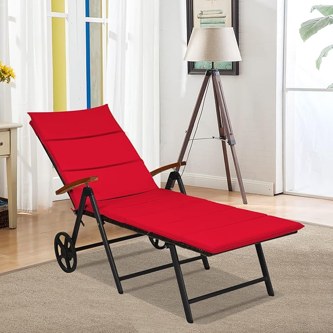 Tangkula Foldable Outdoor Chaise Lounger, Wicker Lounger Chair with Aluminum Black Frame, Wheels for Easy Moving - Photo 4