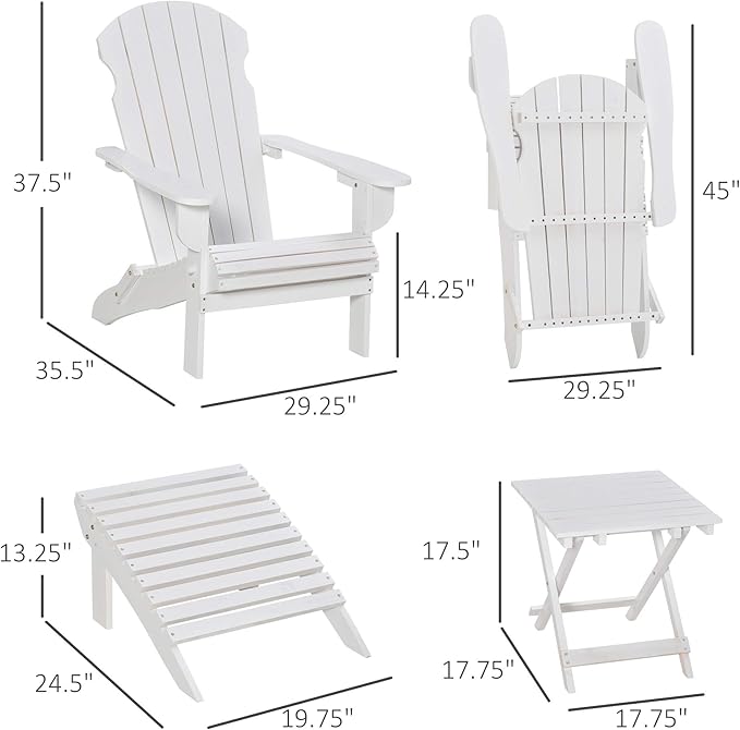 Outsunny 3-Piece Folding Adirondack Chair with Ottoman and Side Table, Outdoor Wooden Fire Pit Chairs w/High-Back, Wide Armrests for Patio, Backyard, Garden, Lawn Furniture, White