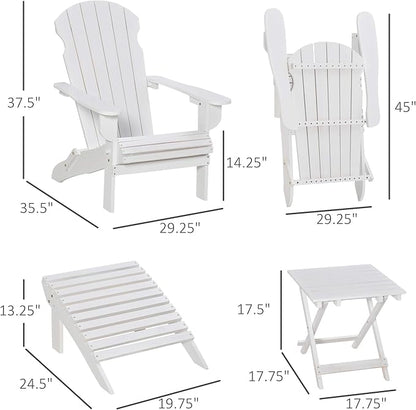 Outsunny 3-Piece Folding Adirondack Chair with Ottoman and Side Table, Outdoor Wooden Fire Pit Chairs w/High-Back, Wide Armrests for Patio, Backyard, Garden, Lawn Furniture, White