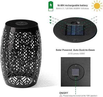 Glitzhome 18.25" H Outdoor Side Table with Leaf Pattern Solar Powered Light, Iron Cutout Drum Garden Stool Solar Decorative Lanterns, Metal End Table Plant Stand for Indoor Outdoor, Black