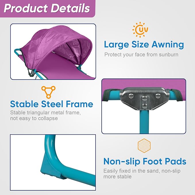 Northroad 2 Pack Beach Lounge Chair with Canopy Shade, Adjustable 4 Position Foldable Tanning Chair - Photo 4