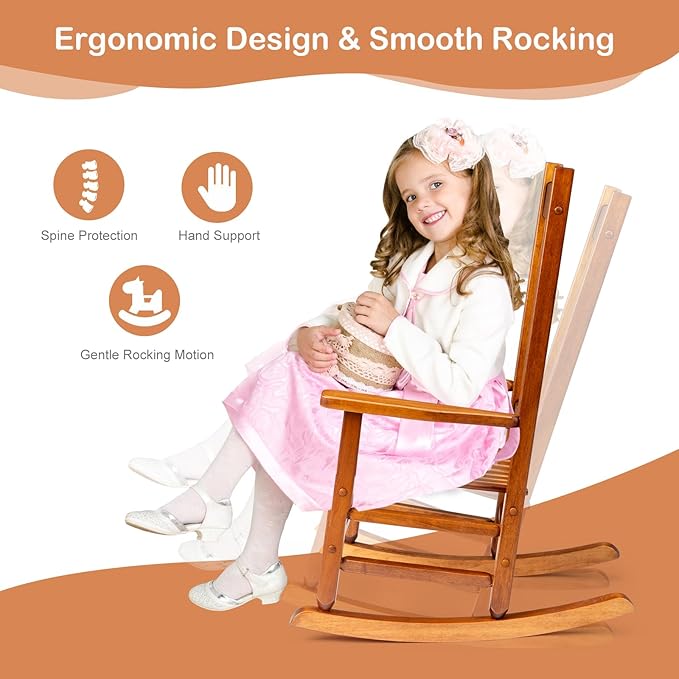 Outvita Wood Children's Rocking Chair, Perfect for Indoor or Outdoor All-Weather Wooden Porch Rocker for Garden, Yard, and Balcony, Patio Rocking Chair Suitable for Kids Ages 6-10(Natural)