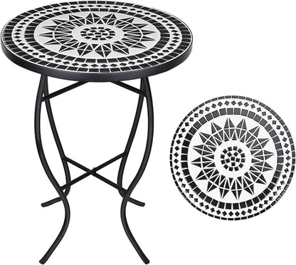 VCUTEKA Mosaic Outdoor Side Table, 14" Round Small Patio Accent Table Indoor End Table for Yard, Garden, Living Room, Bistro Balcony or Lawn Black