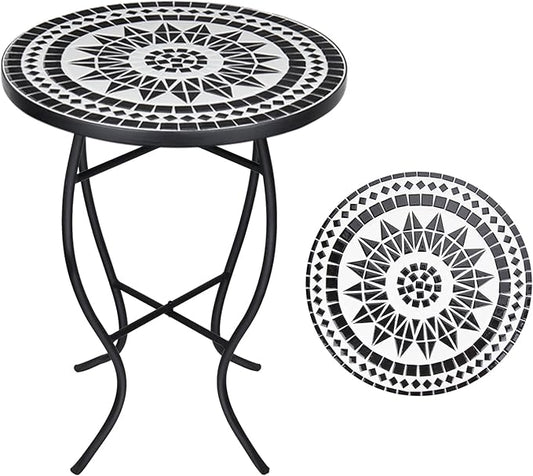 VCUTEKA Mosaic Outdoor Side Table, 14" Round Small Patio Accent Table Indoor End Table for Yard, Garden, Living Room, Bistro Balcony or Lawn Black