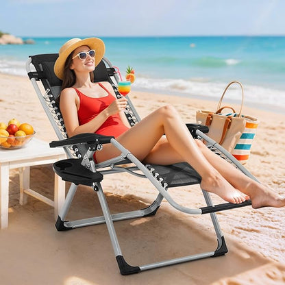 Magshion Zero Gravity Chair with Cushion, Reclining Outdoor Patio Lounge Chair, Folding Indoor Anti Gravity Recliner, Portable Lounger with Removable Cup Holder Side Tray and Pillow Headrest (Black)