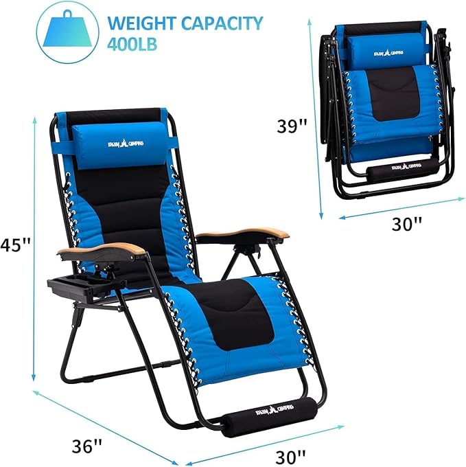 Amopatio Oversized Padded Zero Gravity Chair with Cup Holder, XL 30" Wide Folding Reclining Lounge Chair with Footrest & Headrest for Indoor and Outdoor, Support 400LBS, Blue