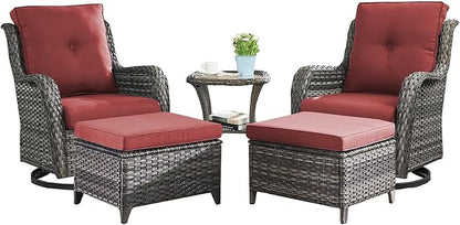 Rilyson Wicker Patio Furniture Set - 5 Piece Rattan Outdoor Sectional Conversation Sets with 2 Swivel Rocking Chairs,2 Ottomans and 1 Side Table for Porch Deck Garden(Mixed Grey/Red)