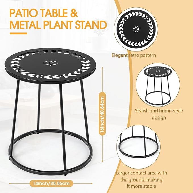 Outdoor Side Table with Flower Cut Outs 14" Weather Resistant Metal Patio Side Tables Small Plant Stand Round Outdoor End Table for Patio Outside Porch Balconies Garden(Black,Traditional)