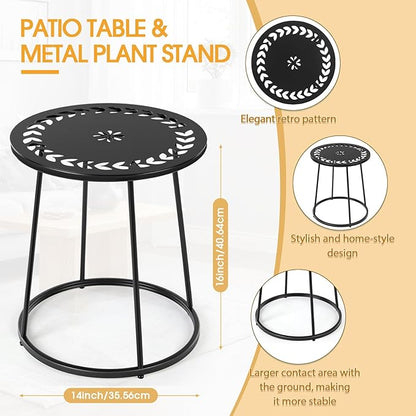 Outdoor Side Table with Flower Cut Outs 14" Weather Resistant Metal Patio Side Tables Small Plant Stand Round Outdoor End Table for Patio Outside Porch Balconies Garden(Black,Traditional)