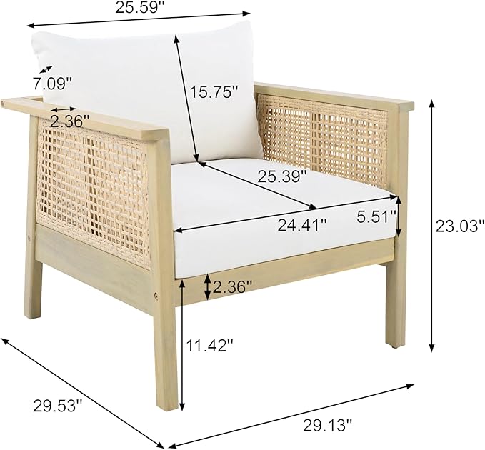 Merax Outdoor Acacia Wood Chair Set of 2 PE Wicker Club Chair Dining Chair with Waterproof Detachable Cushion - Photo 5