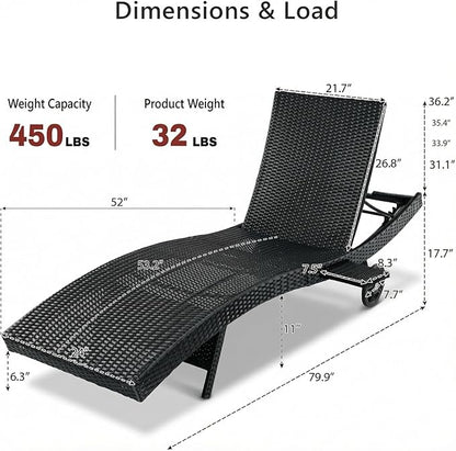 Set of 6 Outdoor Chaise Lounge Chairs with Wheels, Pull-Out Side Table, 5-Position Adjustable Backrest, All-Weather Wicker Patio Pool Lounge Chairs for Poolside, Backyard, Deck, Black