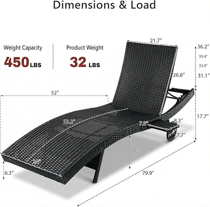 Set of 2 Outdoor Chaise Lounge Chairs with Wheels, Pull-Out Side Table, 5-Position Adjustable Backrest - Photo 2