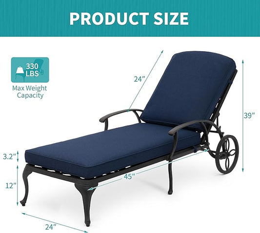 HOMEFUN Outdoor Chaise Lounge Chair with Cushion - Poolside Set of 1 Chair for Outside Cast Aluminum Waterproof Lounger with Wheels and Adjustable Reclining (Navy Blue Cushion)