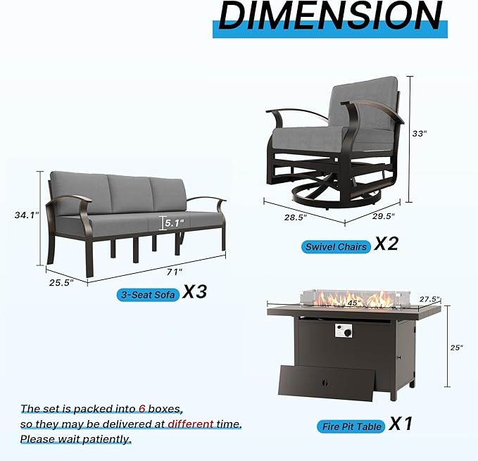 Gotland Outdoor Aluminum Patio Furniture Set with Fire Pit Table, 7 Pieces Metal Patio Furniture with 2 Swivel Rocking Chairs 11 Seats Waterproof 5.1'' Seat Cushions, for Garden Balcony Porch Gray