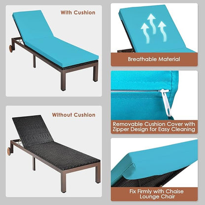 HAPPYGRILL Patio Chaise Lounge Recliner Chair Outdoor Rattan Wicker Lounger Adjustable Position Folding Lounge Chair with Cushion & Wheels for Garden Patio Poolside
