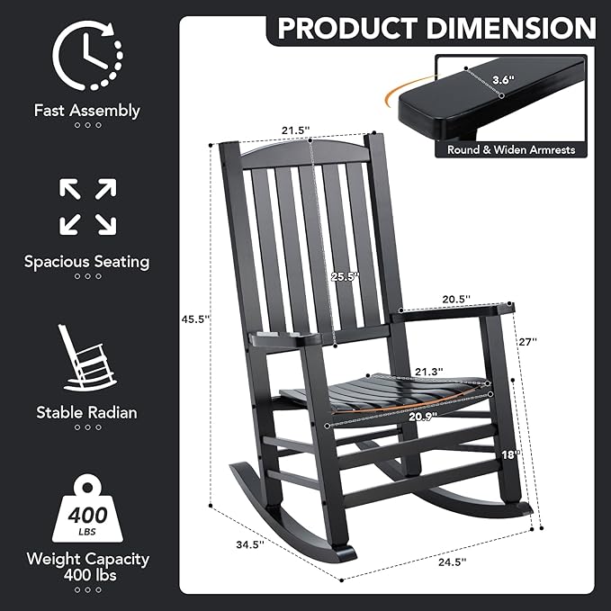 Wooden Outdoor Rocking Chair, Oversized Patio Rocking Chair w/400lbs Support & High Backrest | Porch, Lawn, Garden, Backyard，Black