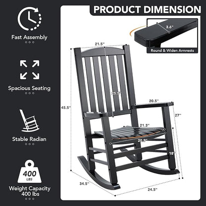 Wooden Outdoor Rocking Chair, Oversized Patio Rocking Chair w/400lbs Support & High Backrest | Porch, Lawn, Garden, Backyard，Black