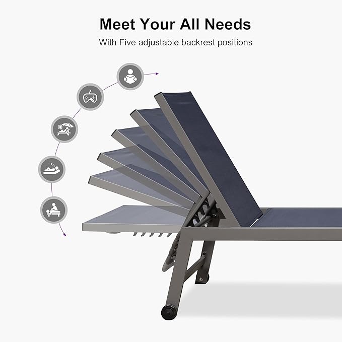 PURPLE LEAF 6-Piece Patio Chaise Lounge Outdoor Pool Lounge Chairs with Adjustable Backrest and Side Tables Aluminum - Photo 6