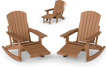Adirondack Rocking Chair with Retractable Ottoman Set of 2, 4-in-1 Foldable Reclining Patio Chair, HDPE Wood-Look Outdoor Rocker for Porch, Garden & Poolside, Teak