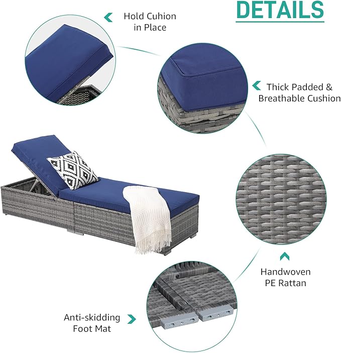 Patiorama Outdoor Patio Chaise Lounge Chair, Elegant Reclining Adjustable Pool Rattan Chaise Lounge Chair with Navy Blue Cushion, Grey PE Wicker, Steel Frame