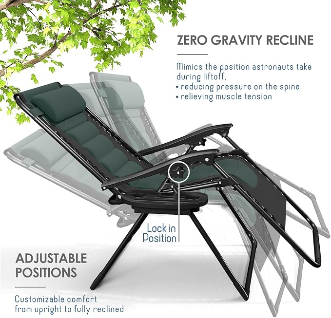 Nestl Outdoor Padded Zero Gravity Chair, Patio Lounge Chair Outdoor Recliner, Oversized Anti Gravity Lounger with Adjustable Headrest and Cup Holder, Foldable for Camping, Yard - Black/Forest Green