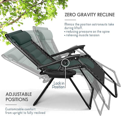 Nestl Outdoor Padded Zero Gravity Chair, Patio Lounge Chair Outdoor Recliner, Oversized Anti Gravity Lounger with Adjustable Headrest and Cup Holder, Foldable for Camping, Yard - Black/Forest Green