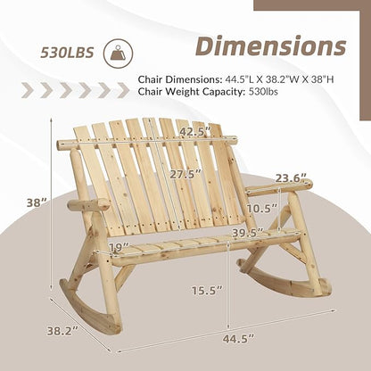 Outdoor Double Wooden Rocking Bench, Adirondack Porch Rocker Chair for 2 Persons, Patio Rustic Log Rocker Loveseat with High Slatted Seat & Backrest for Deck, Backyard, Garden, Natural