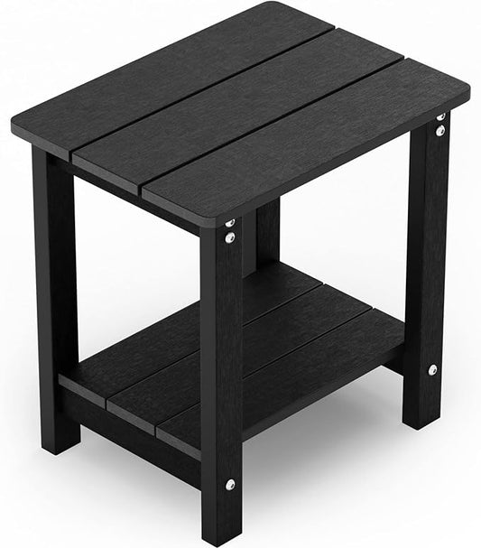 MXIMU Outdoor Side Table for Patio: 16" HIPS Weatherproof Adirondack Table - Small End Tables with Storage for Outside Porch Deck Pool Balcony Backyard - 2 Tier Easy Assembly No Maintenance Black
