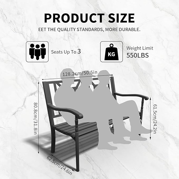 YLGJ&TIDY 50 Inches Patio Bench Outdoor Metal Bench with Pattern Backrest Armrest Rust-Resistant Outdoor Porch Benches for Garden Park Lawn Yard Front Porch, Pack of 2 (BENCH05 2PK)