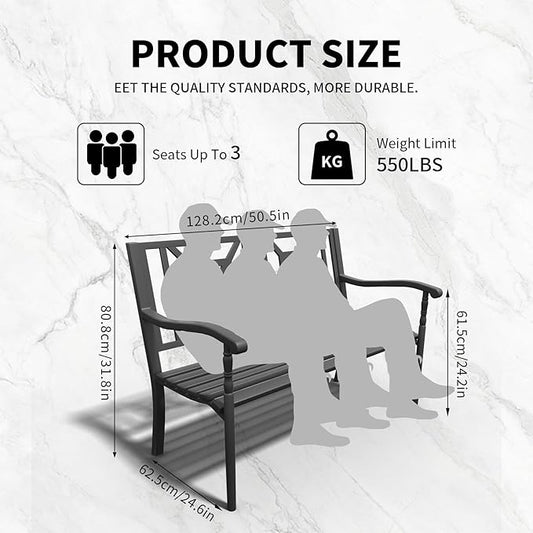 YLGJ&TIDY 50 Inches Patio Bench Outdoor Metal Bench with Pattern Backrest Armrest Rust-Resistant Outdoor Porch Benches for Garden Park Lawn Yard Front Porch, Pack of 2 (BENCH05 2PK)