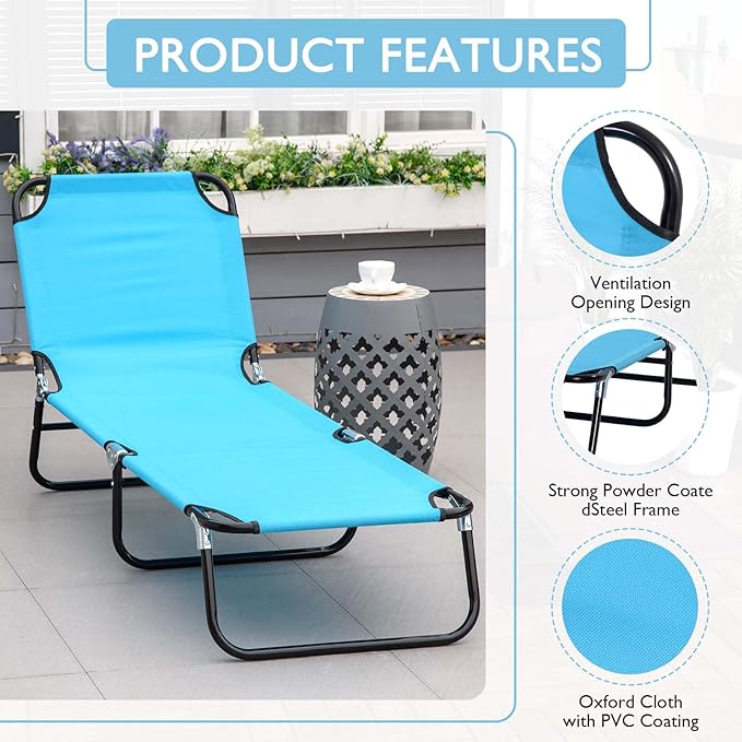 3-in-1 Heavy Duty Tanning Chair with Face Hole Adjustable 5-Position Folding Chaise Lounge Chairs Portable Lay Flat Beach Lounge Chair for Outdoor Sunbathing Patio Pool Lawn Camping Deck (Blue 3)