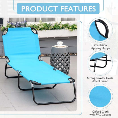 3-in-1 Heavy Duty Tanning Chair with Face Hole Adjustable 5-Position Folding Chaise Lounge Chairs Portable Lay Flat Beach Lounge Chair for Outdoor Sunbathing Patio Pool Lawn Camping Deck (Blue 3)