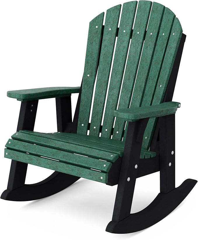 Wildridge Heritage Adirondack Rocking Chair, Turf Green and Black - Outdoor Weather Resistant HDPE Rocking Chair for Patio, Deck, Fire Pit