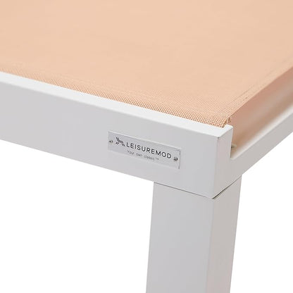 LeisureMod Marlin Aluminum Outdoor Chaise Lounge Chair (Set of 2) - Mesh Sling Fabric Seat White Aluminum Frame Beach, Pool Lounge Chair for Modern Patio Lawn, Garden and Backyard (Light Brown)