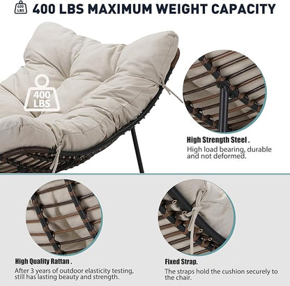 Outdoor Papasan Rocking Chair Oversized Set of 2 - Rocking Chair with Soft Cushion, 30° Rocker Egg Chair for Patio, Front Porch, Backyard, Living Room, Beige