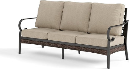 Metal Patio Furniture Sofa with 5.75" Extra Thick Cushion, 3-Seater Deep Seating & High-Back Black Frame Outdoor Couch All Weather Outdoor Seating for Deck Gazebo Porch, Beige